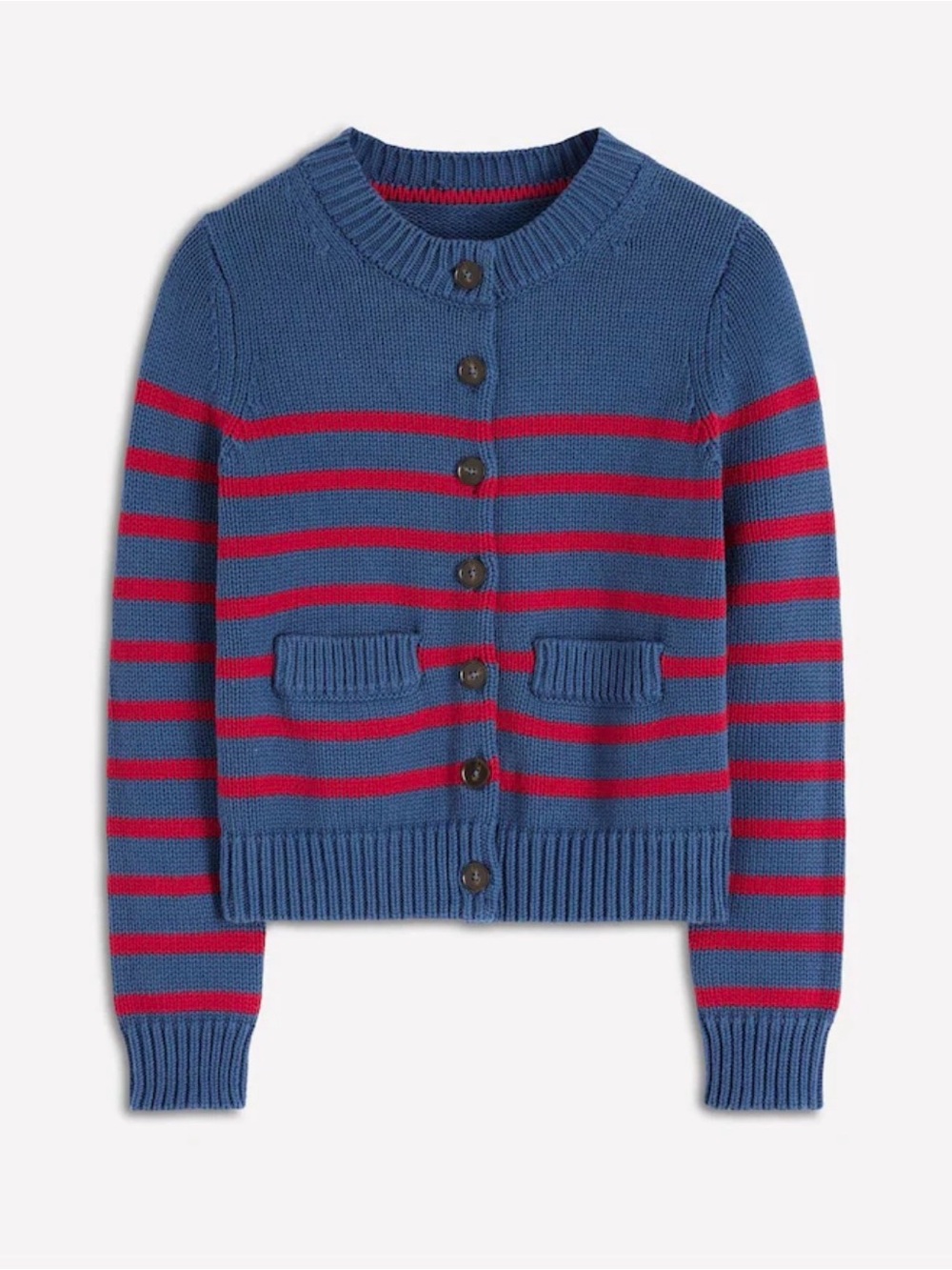 Boden Navy and Red Striped Knit Button Cardigan NWOT